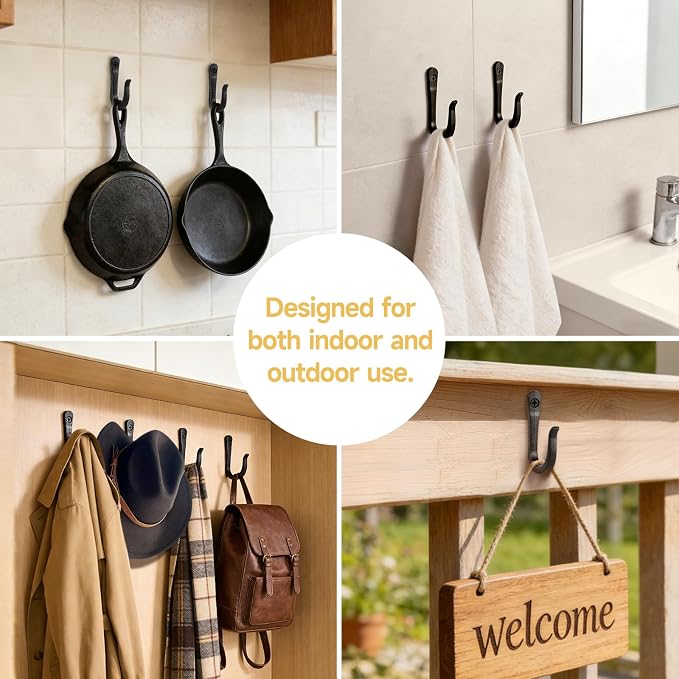 5 Pack Heavy Duty Wall Hooks, Decorative Coat Hooks, Hooks for Hanging Cast Iron Skillets, as Well as Backpacks, Coats, etc, Multi-Layer Electroplated, Indoor and Outdoor Use(Black)