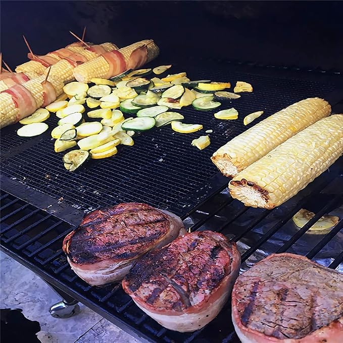 Kingrol 2 Pack Reinforced Edge Grill Mesh Mat, Nonstick BBQ Smoker Mats for Outdoor Grill, PTFE Fiberglass Rack Liners for Fish, Shrimp, Vegetables, Oven, Air Fryer Oven, 16.6 x 11 Inch