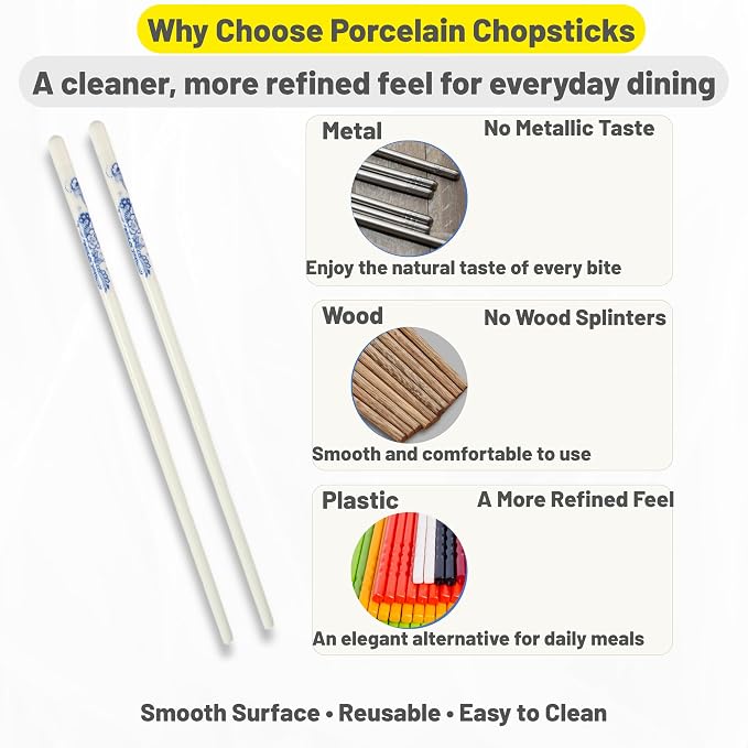 Porcelain Chopsticks Set of 5 Pairs, Reusable Bone Ceramic Chopsticks, Dishwasher Safe, Non-Slip Design, Elegant Gift Box for Family or Restaurant Use (Lantern flower)