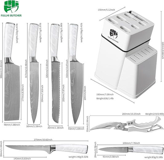 FULLHI 8pcs block Knife Set,chef's Knves Set with Block and Sharpener, Kitchen Knife Set,Multi-colour Handle, Gifts for Men Women