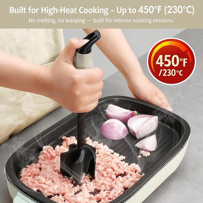 Ourokhome Meat Chopper and Potato Masher, Heat Resistant Nylon Ground Beef Smasher for Hamburger, 5 Curved Blades Nonstick Safe Mixer & Stirrer, Practical Kitchen Gadgets, Almond