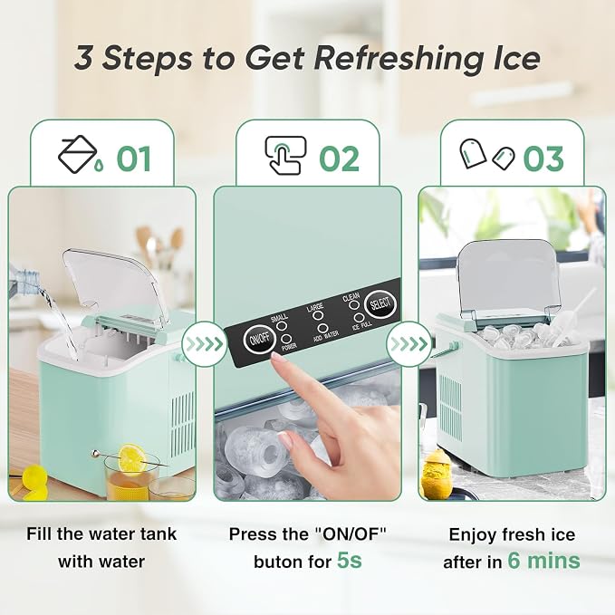 DUMOS Ice Makers Countertop with Handle Ice Machine, Fast in 6 Mins, 26lbs in 24 Hours, Quiet Self-Cleaning, Compact Size Portable for Home, Kitchen, RV, Camping, Modern Green