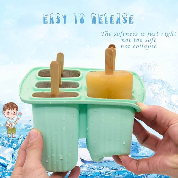 6 Pieces Silicone Popsicle Molds,Easy-Release Bpa-Free,Ice Pop Mold,Ice Cream Molds For Kids,With 50 Pcs Popsicle Sticks+Cleaning Brush(Green）