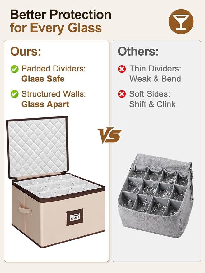 punemi Wine Glass Storage Box, 2-Pack Hard Shell Case with Padded Dividers | Hard shell support with dustproof lid and padded dividers, stackable for wine glasses, stemware and goblets, beige Set of 12
