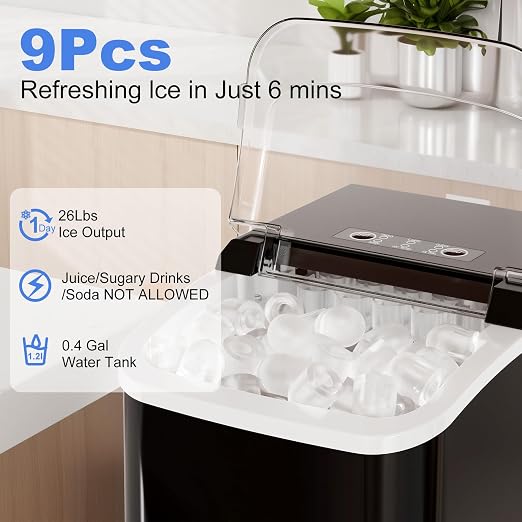 NEWBULIG Ice Makers Countertop with Handle, Portable Ice Machine, 9 Bullet Cubes in 6 Mins, 26lbs in 24Hrs, Auto-Cleaning, with Basket and Scoop, for Home, Kitchen, RV, Camping, Black