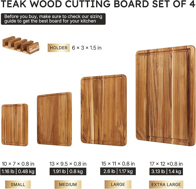 4 Pack Teak Wood Cutting Boards for Kitchen Wooden Chopping Board Non Toxic | Heavy Duty, Charcuterie Board, Serving, Non Slip, Solid Thick Wood, Extra Large Big Small, Meat, House Warming & Hostess Gift
