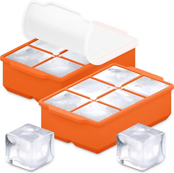 KitchFort® Large Silicone Ice Cube Tray (2-Pack), Easy Release 2" Big Ice Cubes - Cocktail, Whiskey Ice Cubes Mold - Ice Trays for Freezer with Lid - Stackable Silicone Ice Tray - Orange