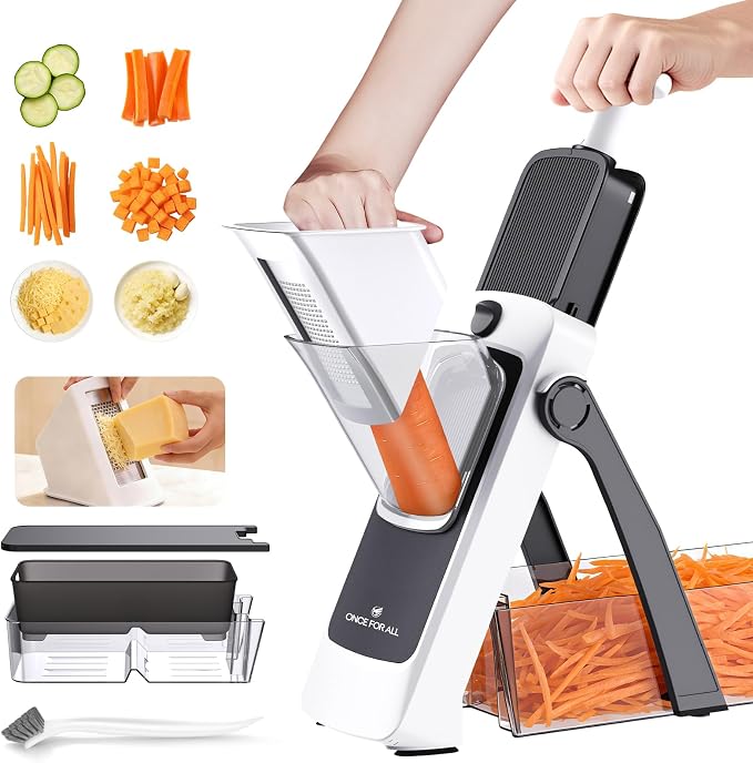 ONCE FOR ALL Safe Mandoline Slicer Pro, Veggie Slicer with Container, Gray | 4th Gen, 0.1-8mm Adjustable Kitchen Mandoline Slicer, Veggie Chopper Cutter For Potato Onion Fruit, Stainless Steel, Gift