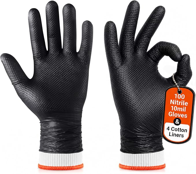PepperMate BBQ Gloves Disposable, 100 Nitrile Gloves + 4 Cotton Liners, 10 Mil Heat Resistant for Grilling, Smoking, Cooking and Meat Handling, Non-Slip Grip, Heavy Duty, Latex Free, Food Safe, Large