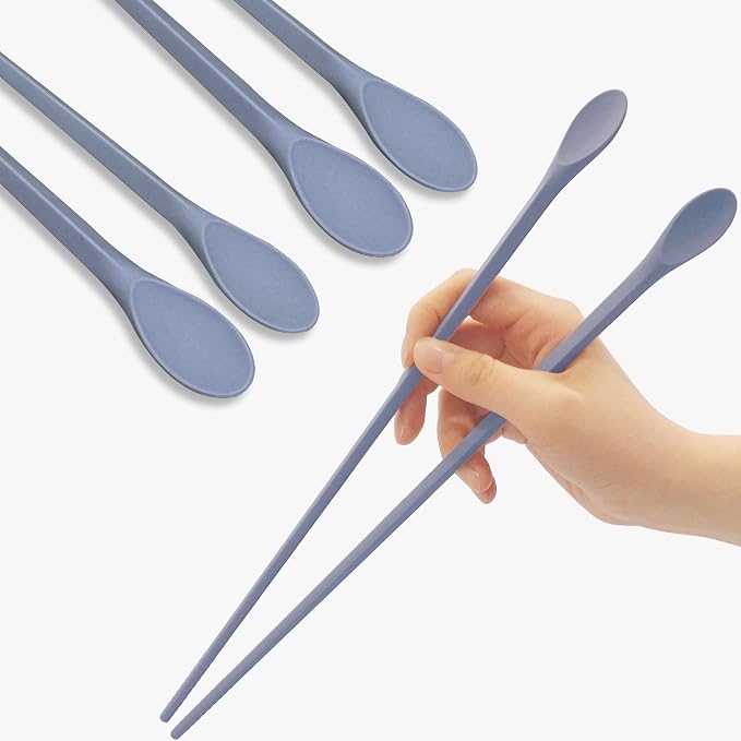 Reusable Long Silicone Cooking Chopsticks with Spoon 12 Inches 2 Pairs Set, Dishwasher Safe, BPA-free Non-Slip, Korean Japanese Kitchen Utensils (Pastel Blue 2 Set)