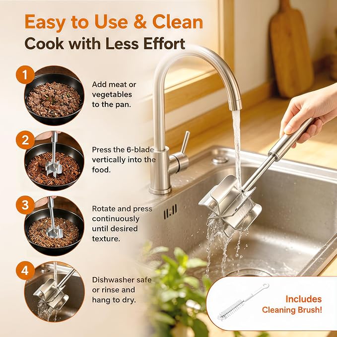 Meat Masher Dishwasher Safe, 304 Stainless Steel Meat Chopper,6-Blade Swirl Ground Beef Smasher,10 Inch Heavy Duty Potato & Hamburger Masher Tool (with Brush）