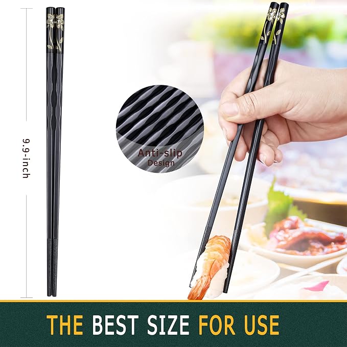 Fiberglass Chopsticks Series - Japanese Non-Slip Chopstick, Reusable Chop Sticks Dishwasher Safe, 5 Pairs, Gift Set, 9.9 Inches, Black