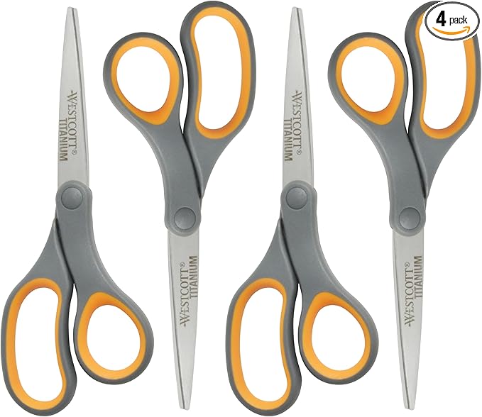 Westcott 8-Inch Titanium Bonded Straight Scissors, Soft Handle, Gray/Yellow, 4-Pack