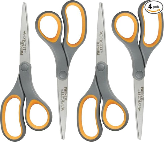 Westcott 8-Inch Titanium Bonded Straight Scissors, Soft Handle, Gray/Yellow, 4-Pack