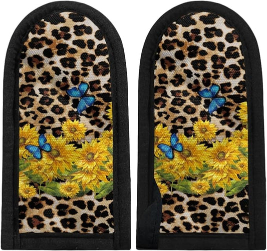 Coldinair Set of 2 Leopard Sunflower Butterfly Print Heat Resistant Cast Iron Hot Handle Covers Pot Pan Sleeves Mitt for Kitchen Cooking Baking
