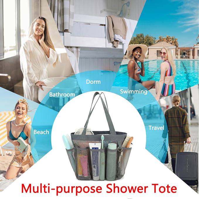 Fammart Mesh Shower Caddy Portable for College Dorm Room Essentials, Odorless Polyester Large Shower Tote Bag with Dual Handles, 8-Pocket Quick-Dry Toiletry Organizer for Travel, Beach, Camping, Gym