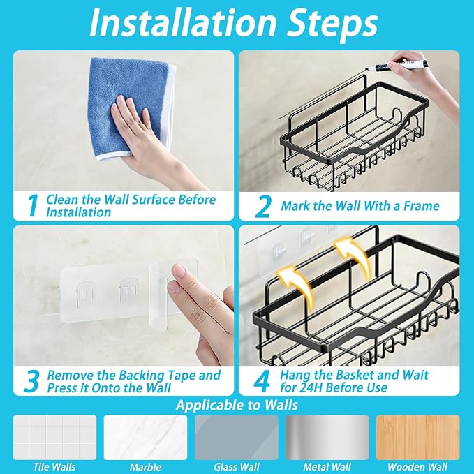 Fammart Adhesive Shower Caddy, 5-Pack Rustproof Stainless Steel Bathroom Organizer with 28 Hooks, No-Drill Large Capacity Shower Shelves for Bathroom Storage & Home Décor, Black