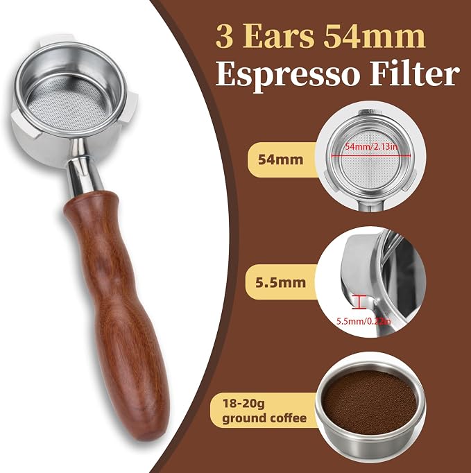 54mm Bottomless Portafilter 3 Ears Espresso Portafilter with 18-20g Basket fit Breville Bambino Barista BES870XL, BES450BSS, BES876BSS, BES880BSS, 878BSS, 500BSS, 840XL Express Machines (Wood)