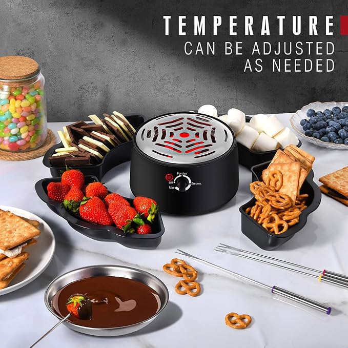 2-in-1 Electric S'mores Maker and Chocolate Fondue Set with 4 Detachable Food Trays, Stainless Steel Melting Pot, 4 Roasting Forks, Black