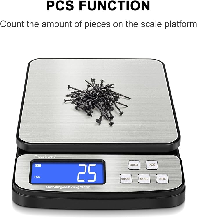Fuzion Digital Shipping Postal Scale 88lb x 0.1oz, Stainless Steel Platform | All-in-1 Shipping Scale, Large Display, Hold/Tare/PCS Counting, Easy Calibration, 5 Units, Scale for Packages, Small Business