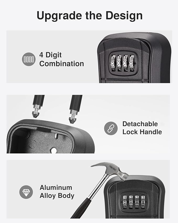 Puroma Key Lock Box Outdoor 4 Digit Code Combination Lockbox House, 1 Black | For Contractors Guest Realtor Storage Keys, Portable, Home Wall Mount, Resettable, Combination, Weatherproof, High-capacity