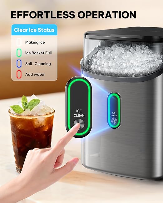 Silonn Nugget Ice Maker Countertop, Pebble Ice Maker with Soft Chewable Ice, One-Click Operation Ice Machine with Self-Cleaning, 33lbs/24H, Stainless Steel