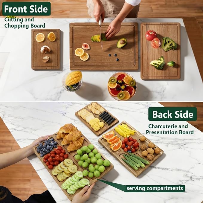 3 PCS Acacia Wood Cutting Boards for Kitchen With Wooden Storage Stand | Thick Chopping Boards, Deep Juice Grooves, Grip Handle, Non-slip Heavy Duty Charcuterie Board for Meat, Cheese and Vegetables