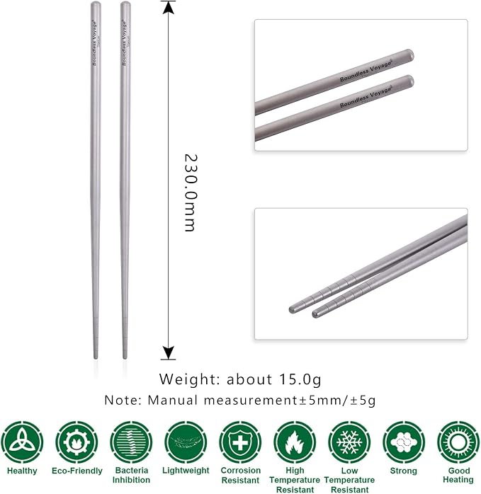 iBasingo Titanium Chopsticks Lightweight (15g) Skid-Proof Chinese Chopsticks for Camping, Travel & Home Use, Reusable Metal Utensil Durable Outdoor Cutlery (1 Pair) Ti1002T