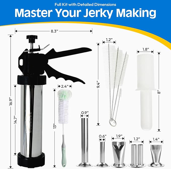 Beef Jerky Gun Kit Meat Maker Sausage Shooter Stainless Steel Tools | Professional Grade, 5 Nozzles, 1 Meat Pusher, 5x Cleaning Brushes 2 Sets, Sausage Shooter Accessories, Bonus Pair Hand Gloves