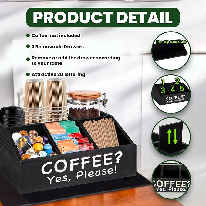 Modern Chic Coffee Bar Organizer + Coffee Mat - Countertop Coffee Station with Removable Drawers - Black