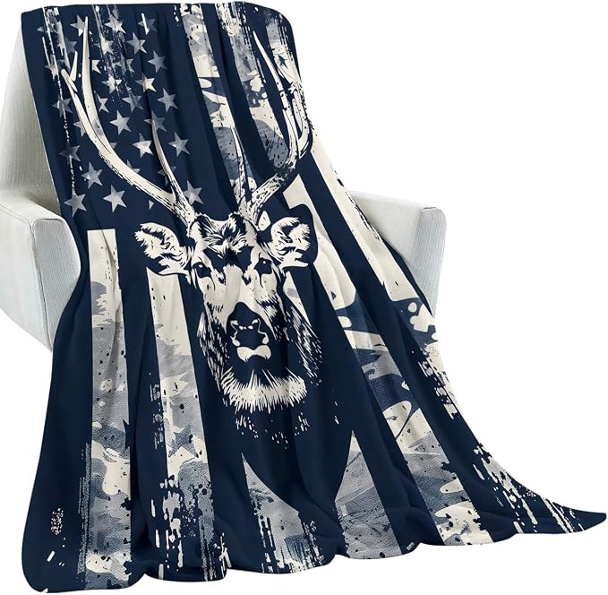 Camo Deer Head Blanket Gifts for Hunters Adult Women Men,American Flag Throw Blankets,Soft Comfy Lightweight for Room Couch Bed Sofa Modern Rustic Decor,Patriotic Lover 60x50in