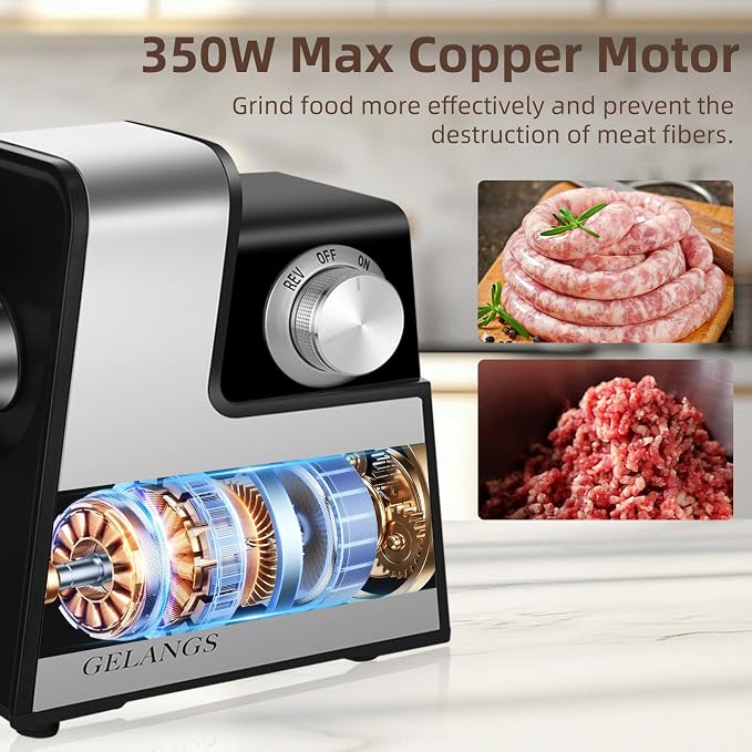 Electric Meat Grinder, 350W （MAX2800W）Heavy Duty Stainless Steel Food Grinder with Sausage Stuffer Tubes & Kubbe Kit, 3 Grinding Plates for Home Kitchen Use