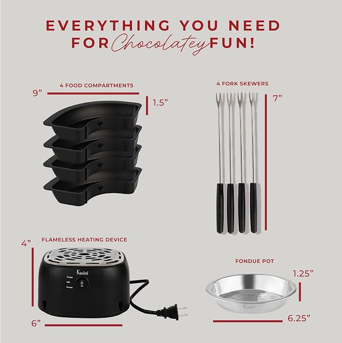 Kusini 2 in 1 Electric Fondue Set & Smores Maker Tabletop Indoor Kit with Removable Trays & 4 Skewers – Smores Station Chocolate Melting Pot - Unique Couple Gift Set Idea, Date & Movie Night Supplies