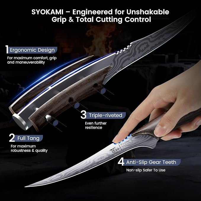 Fillet Knife, Razor Sharp 7.2 Inch Boning Knife, High Carbon Stainless Steel Filet Knives with High Flexibility, Wooden Handle, Full Tang Damascus Pattern Fishing Knives, Ideal Gift
