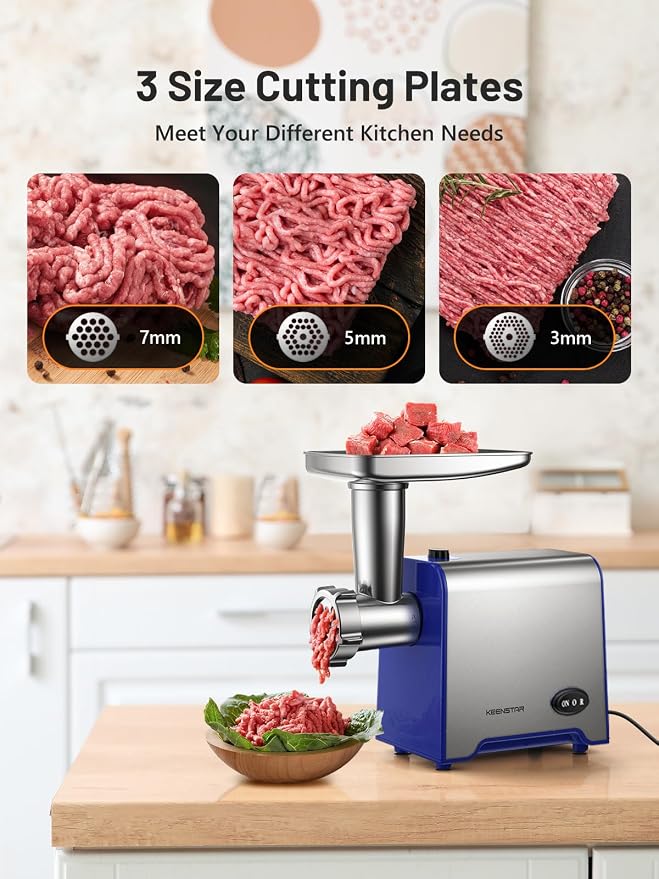 KEENSTAR Electric Meat Grinder, Sausage Stuffer Maker 450W Food Grinder with Blade & 3 Plates, Sausage Stuffer Tubes & Kubbe Kit, Stainless Steel Meat Mincer Machine for Home Kitchen Use (Blue)