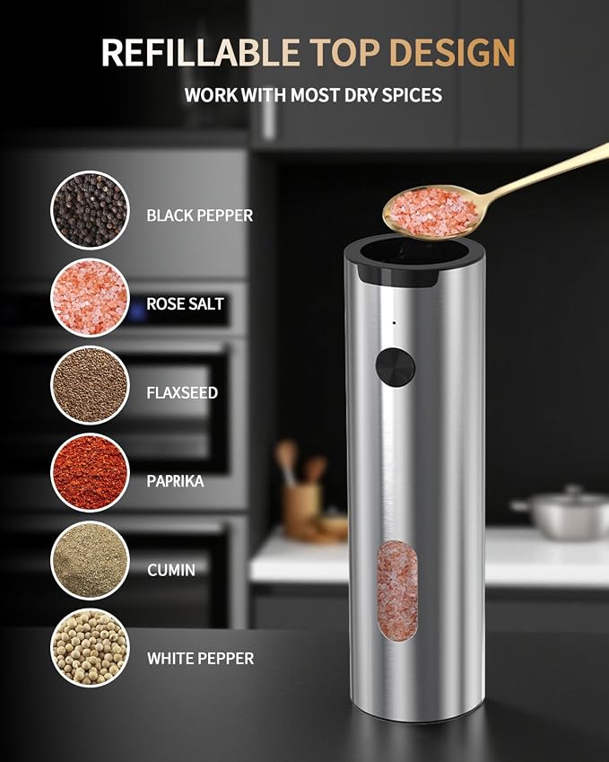 CIRCLE JOY Electric Salt and Pepper Grinder Set, Stainless Steel Rechargeable Pepper Mill Set with Charging Base, 110ML Top-Fill, Adjustable Coarseness, LED Light, One-Hand Operation, Gift Idea