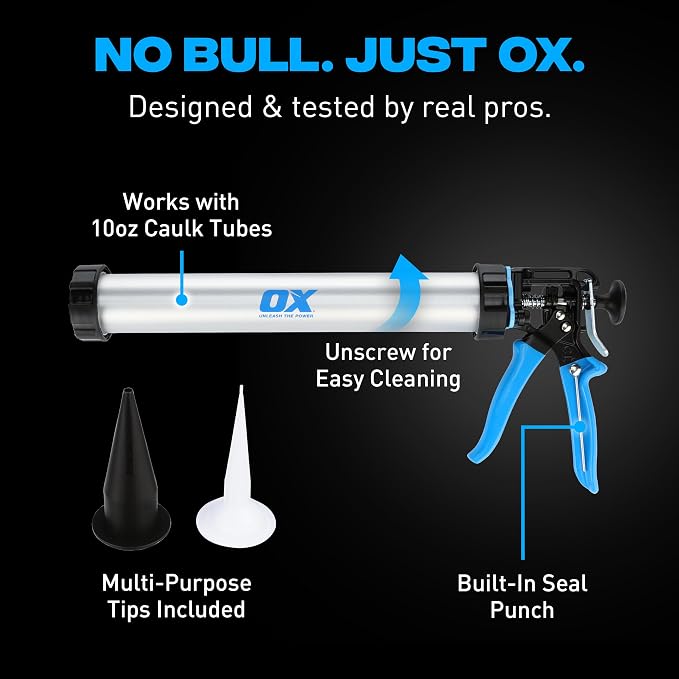 OX Professional Sausage Caulk Gun - 24:1 Thrust Heavy Duty Caulking Gun | 20 oz sausage caulking gun with 24:1 thrust ratio for high-viscosity materials - aluminum barrel - pistola de calafateo