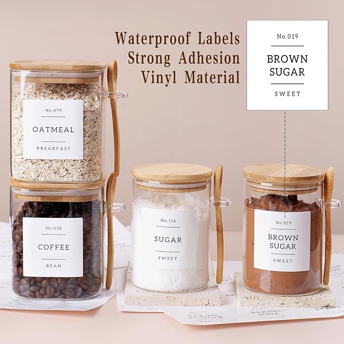 CZSZYGHBAO 6 Pack Glass Jars with Bamboo Lid and Spoons - 17Oz/27Oz Borosilicate Glass Jars with 132 Pantry Labels - for Coffee Beans, Tea, Sugar & More