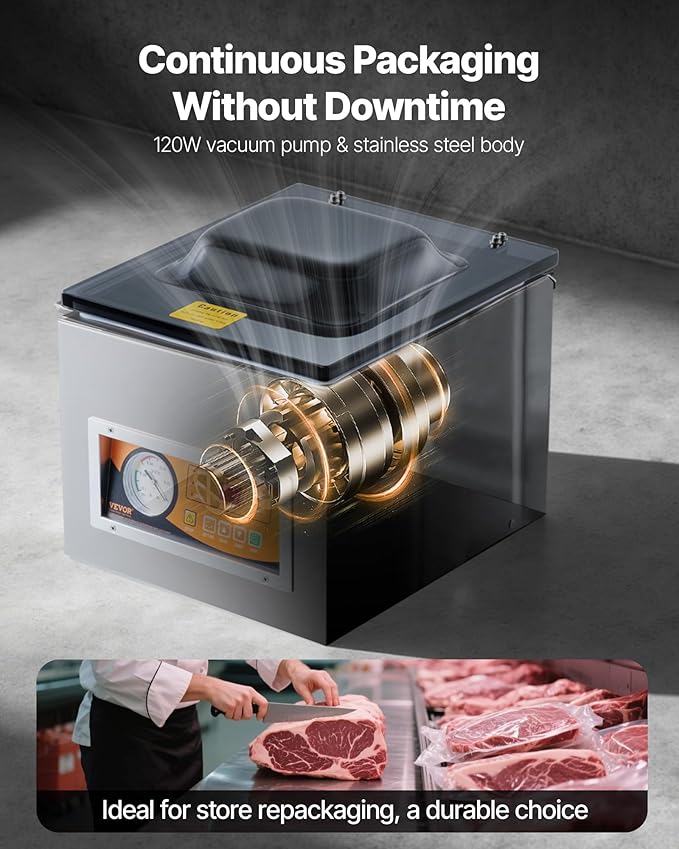 VEVOR Chamber Vacuum Sealer, 260W Sealing Power, Vacuum Packing Machine for Wet Foods, Meats, Marinades and More, Compact Size with 10.2 in Sealing Length, Applied in Home Kitchen