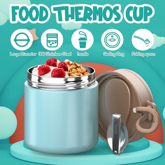 Thermo for Hot Food Kids - 15.2oz with Folding Spoon and Silicone handle | Leak Proof Insulated Food Jar, Soup Thermo, Wide Mouth Insulated Lunch Containers, Dishwasher Safety