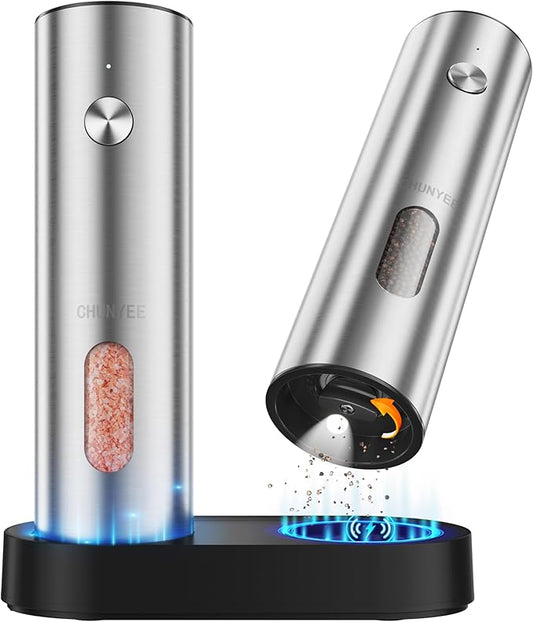 Electric Salt and Pepper Grinder Set with Rechargeable Base - Upgraded Large Capacity, Refillable Pepper Mill Set with LED Light & Adjustable Coarseness, Ideal for Kitchen, Outdoor, BBQ & Gift Giving
