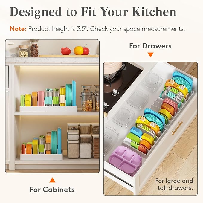 Lifewit Kitchen Cabinet Organizer for Food Contanier Lid with 7 Sections | Lid Holder with 6 Adjustable Dividers for Pantry Organizers and Storage, Home Drawer Organization, White, Large, 13" x 10"