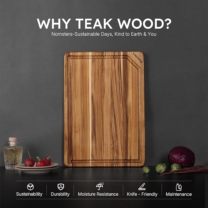 17" Teak Wood Cutting Boards for Kitchen Wooden Chopping Board Non Slip | High-End Teak, Over Sink, Wooden Chopping & Charcuterie Board, Easy to Clean, Non Slip, Ideal Kitchen Gift, Solid Thick