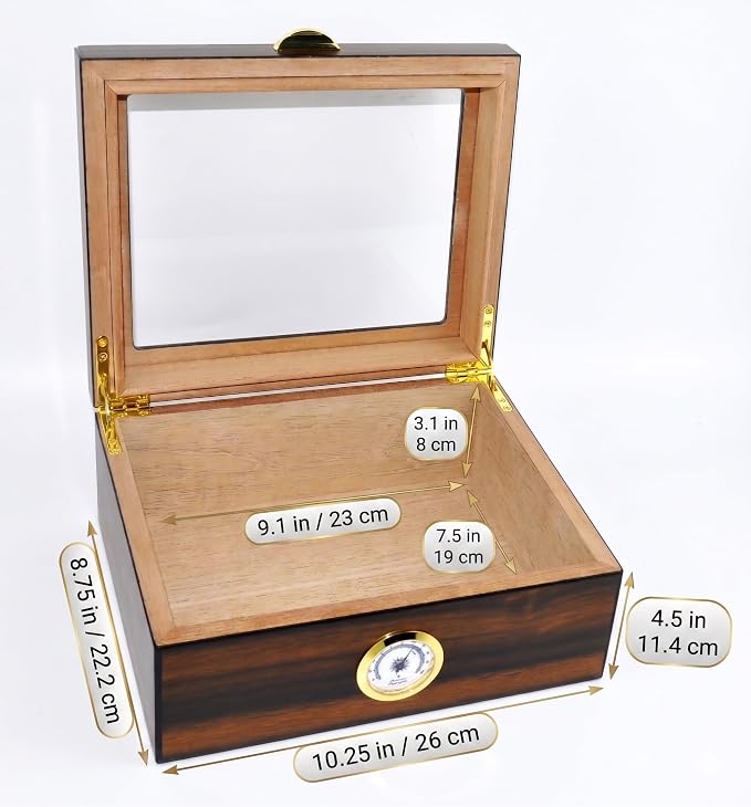 Cigar Humidor - Holds 25-50 Cigars - Spanish Cedar Wood - Tempered Glass Top Display - Metal Handle, Divider, Humidifier, Hygrometer - Santos Rosewood