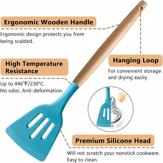 Kitchen Utensils Set 6-Piece Non-Stick Silicone Cooking Utensils Set, Wood Handle Heat Resistant Spatula Spoon Turner Ladle Pasta Server Cooking Kitchen Gadgets BPA Free for Nonstick Cookware
