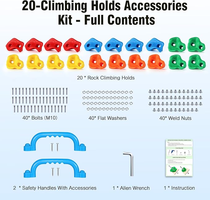 TOPNEW 20PCS Rock Climbing Holds with 2 Safety Handles, Non-Slip Kids Climbing Grips, Indoor Outdoor Climbing Wall Kit with Complete Mounting Hardware, Ideal Gift for Playground & Home