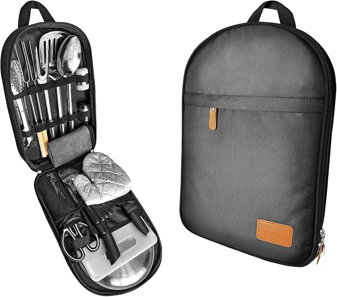 Camping Cooking Utensils Set - Camping Utensil Set Car Camping Cooking Essentials Gear for Camp Kitchen Cooking and Grilling, Stainless Steel & Silicone Ideal Gift for RV Tent Camper