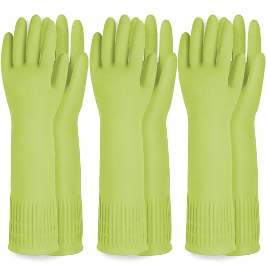DABOGOSA Reusable Waterproof Household Dishwashing Cleaning Rubber Gloves, Non-Slip Kitchen Glove (Green, Large (Pack of 3))