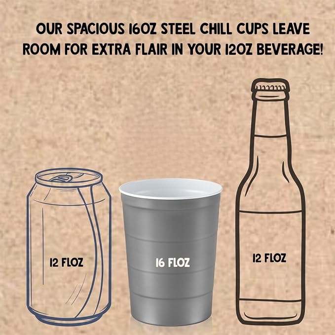 Steel Chill Cups 16 oz. Durable & Reusable Party Cups, Gray, 180 Count | Made in USA from Steel these durable cups chill fast & keep your drink cold for longer, 100% recyclable for sustainablity