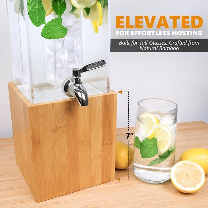 KSESTOR Acrylic Drink Dispenser - 1.25 Gal with Stand and Ice Core | BPA-Free Acrylic Beverage and Juice Dispenser with Bamboo Stand, Ice Core, and Steel Spigot for Parties, Weddings and Events